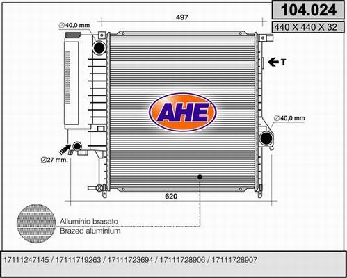 AHE 104.024 - Radiatore, Raffreddamento motore www.autoricambit.com