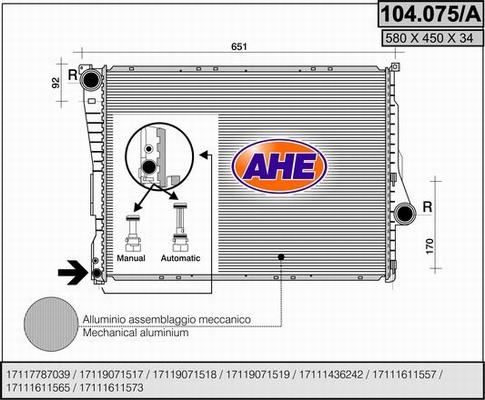 AHE 104.075/A - Radiatore, Raffreddamento motore www.autoricambit.com
